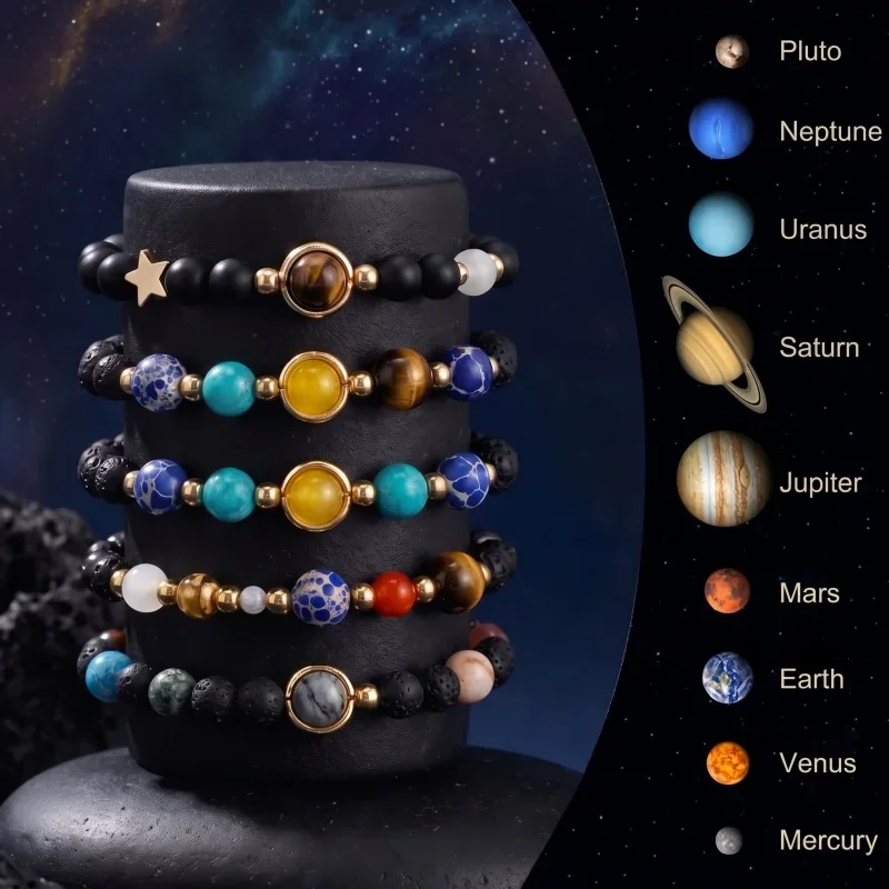 Natural Lava Stone Matte Black Onyx Solar System 8 Planets Bracelet Stainless Steel Copper Beads Jewelry for Men Women Gifts