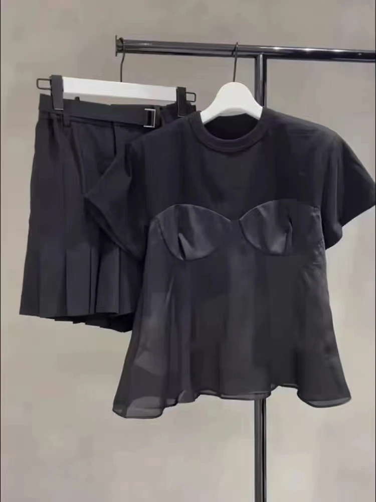 Casual Loose ort Sve T-irt Women's Patchwork Design Cotton Blend Summer Top FOG SACAI SS24 Commute Sle round Ne