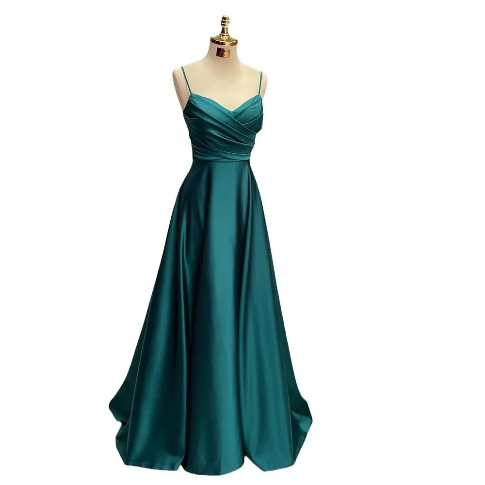 

Elegant Classic Ruched V-neck Backless Sleeveless Back Lace Up Satin Long Formal Evening Dress