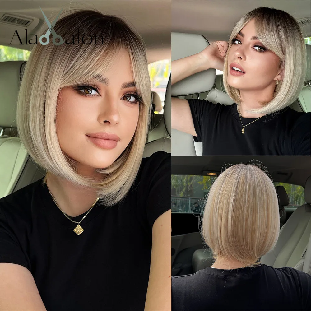 

ALAN EATON Short Ombre Blonde Wigs Straight Bob Blonde Wigs With Bangs Women Daily Synthetic Wigs Natural High Temperature Hair