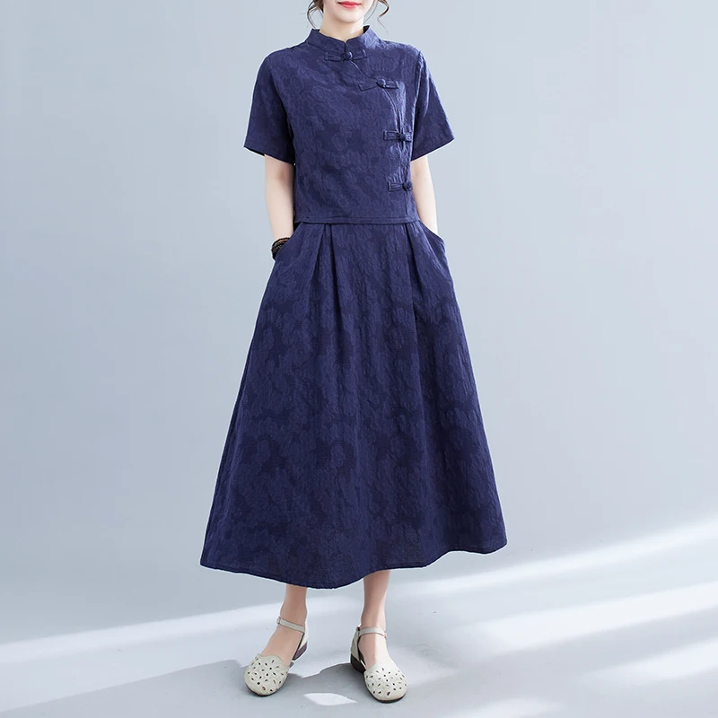 Faionable Cotton Linen Embroidered Button Stand Collar Tang Suit Top High Waist  Skirt National Sle Two Piece Set Summer