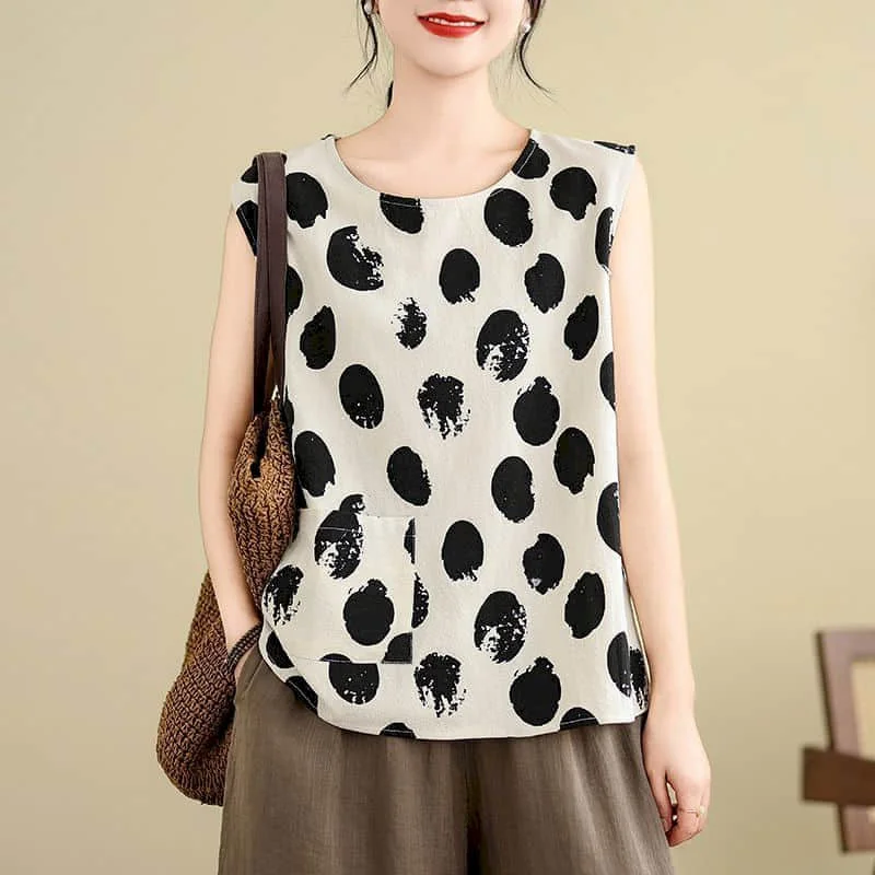 Dot Tanks Tops Cute Vintage Cotton Linen Sleeveless T-shirts Loose Casual Korean Style O-neck One Piece Blouse Women Clothing