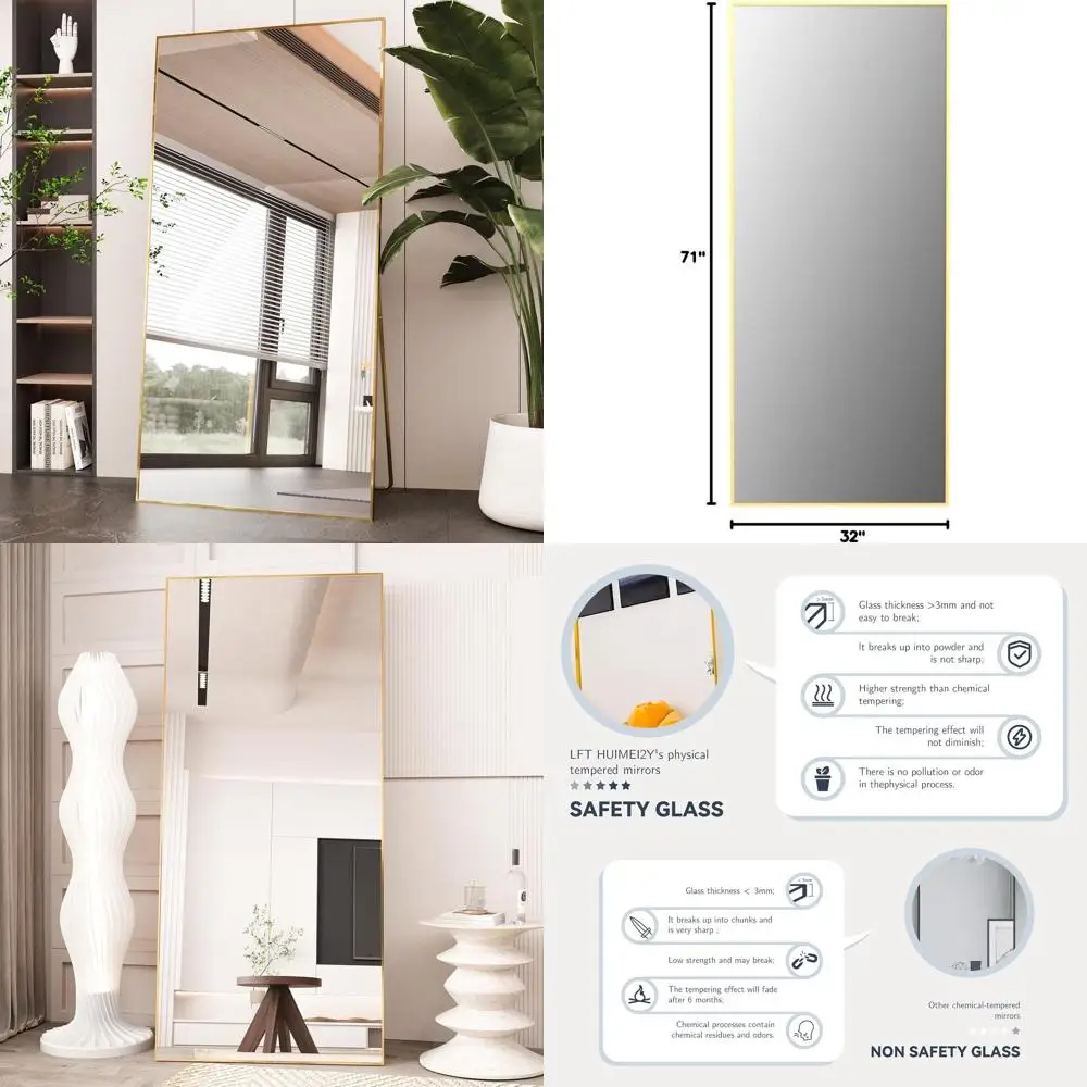Large 71 x 32 Full-Length Tempered Glass Mirror with Stand, Ideal for Home, Bedroom, or Gym, Gold Frame