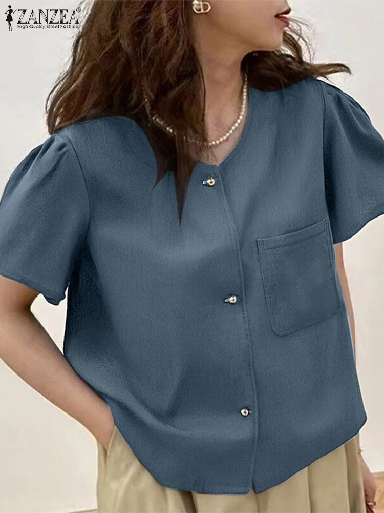 

ZANZEA Denim Tops Women Short Sleeve Summer Shirts 2025 Fashion Solid Color Puff Sleeve Blusas Casual Pockets Tunics Oversized