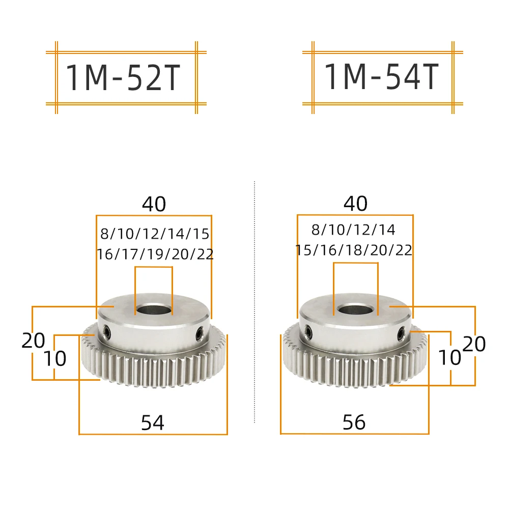 1M 52T/54T Spur Gear Teeth Pitch 3.14 mm Bore Size 8-25 mm 304 Stainless Steel Motor Gear Teeth Height 10mm 1M 52Teeth 54Teeth