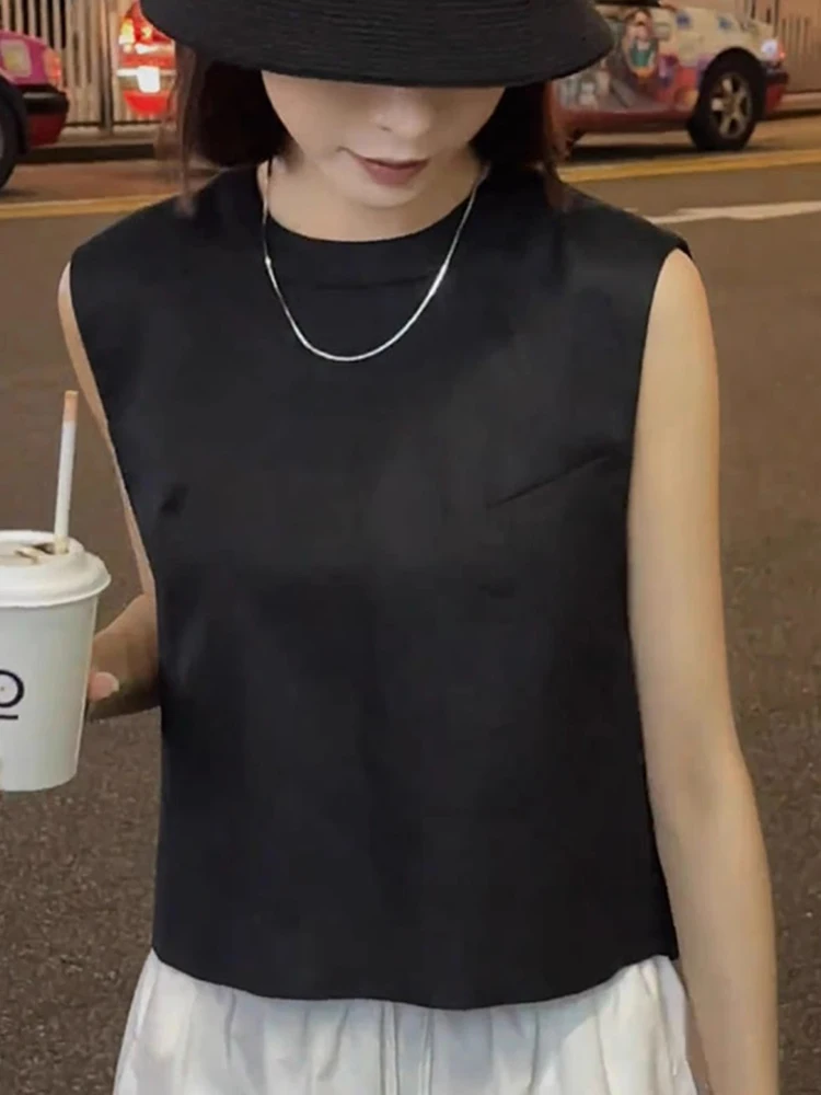 ファッショナブルな通勤用スリムベスト、ゆったりとしたラウンドネック、スプリットデザインのレディーストップス、初秋のカジュアルウェア
