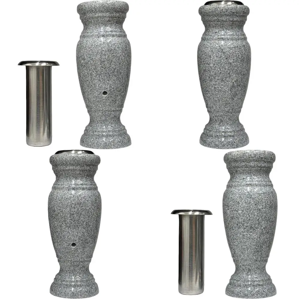 Real Granite Vase with Stainless Steel Interior, Suitable for Home Decor, Memorials, and Outdoor Garden Use (Gray, 4x4x10)