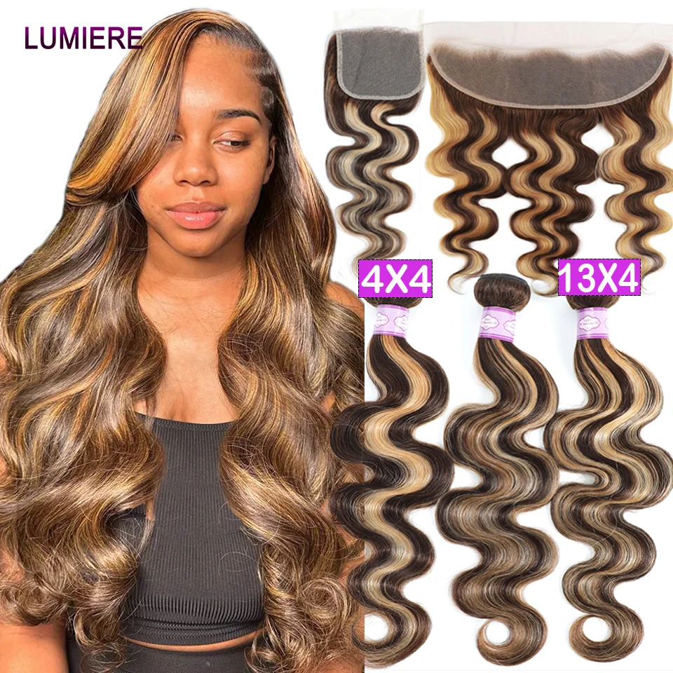 P4/27 Highlight Body Wave 3/4 Human Hair Bundles With Lace Closure Frontal 5x5 HD Pre-Plucked Peruvian Raw Himan Hair Extention