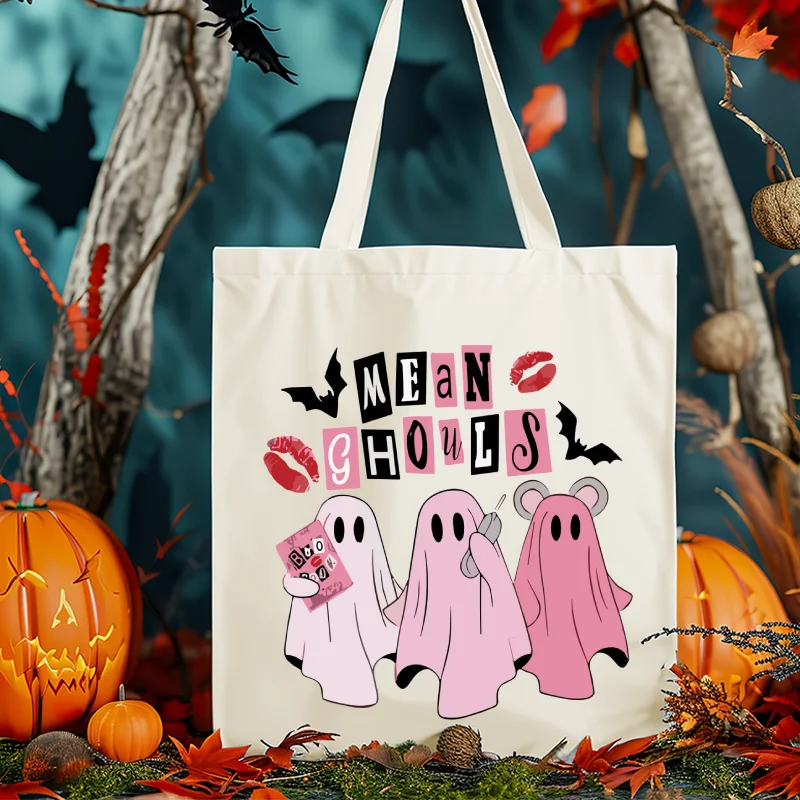 

Halloween Cute Ghost Print Canvas Tote Bag Large Capacity Durable Shoulder Handbag for Halloween Shopping Travel & Parties