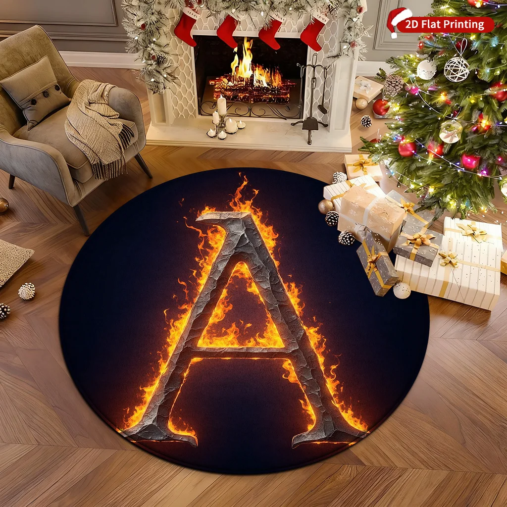 Burning Letter A Fire Flame Christmas Round Rug Holiday Gift Under Tree Flannel Carpet Festive Decor For Fireplace Living Room