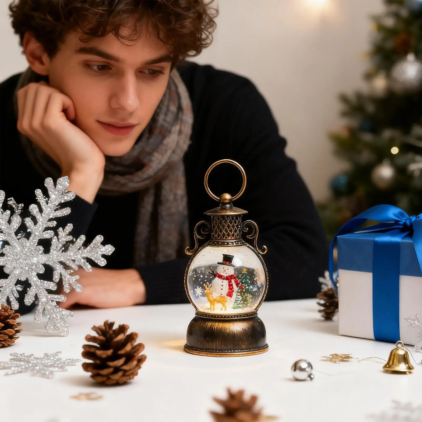 Natal globo de neve lanterna temporizador de 6 horas com alça natal globo de neve lanterna glitter decoração para amigos adolescentes homens mulheres