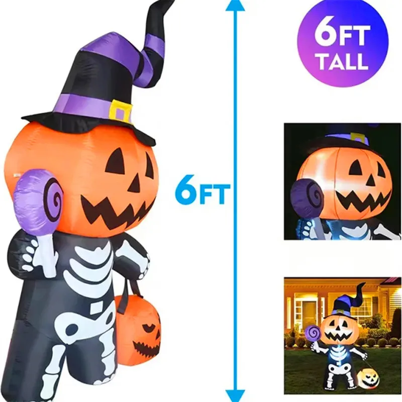 Brinquedo inflável de halloween, 1.8m/6 pés, abóbora gigante, caveira, fantasma, quintal ao ar livre, decoração de jardim, modelo inflado de terror com luzes led