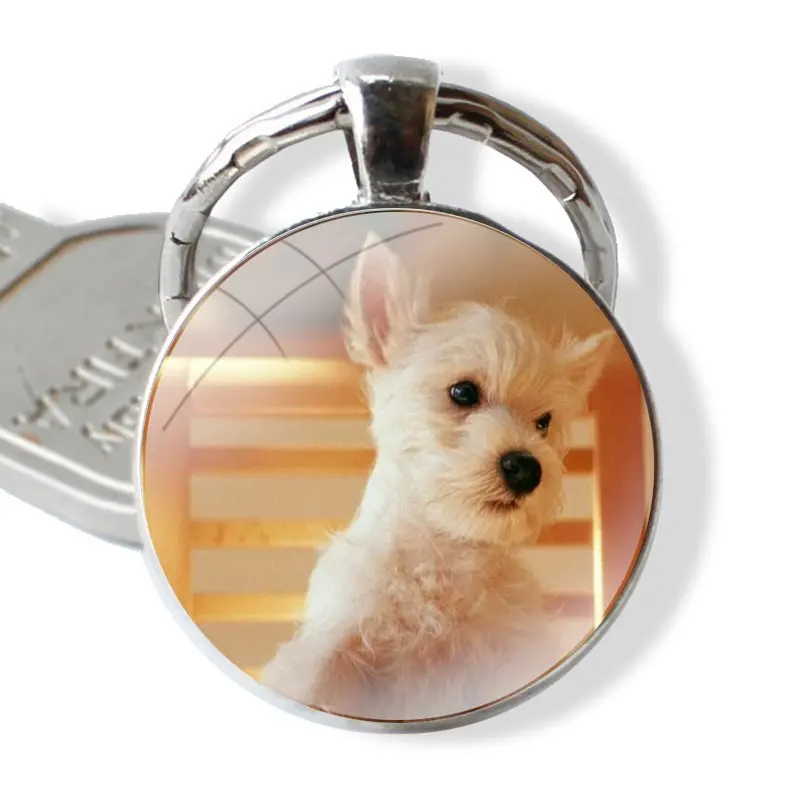 Terrier Westie Dog Puppy Keychain Handmade Glass Cabochon Key Ring Holder Pendant Key Chains