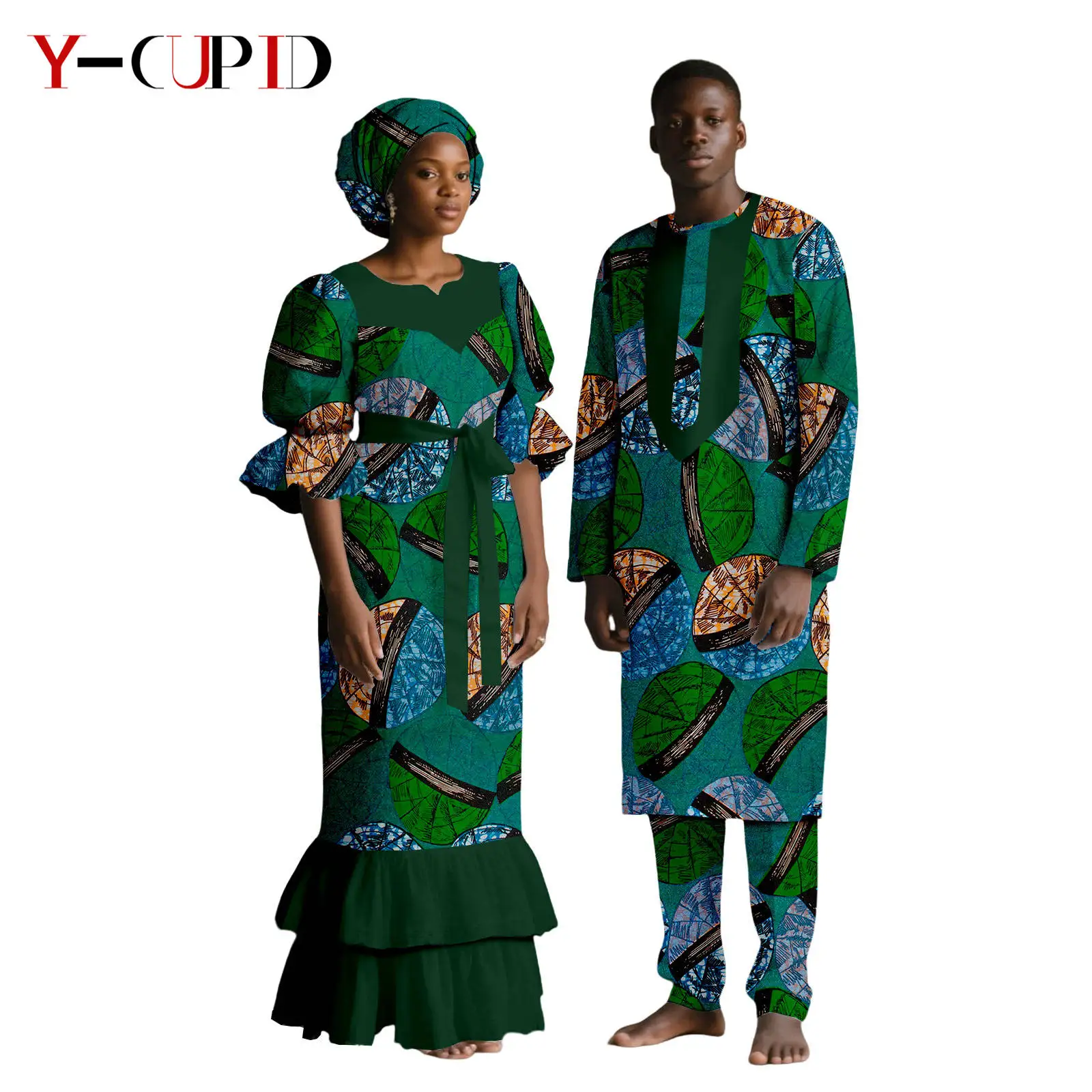 فساتين مطبوعة أفريقية مع غطاء للرأس للنساء أطقم ملابس علوية وسراويل متطابقة للرجال ملابس بازان الثراء الأفريقية للزوجين 25C079 #6