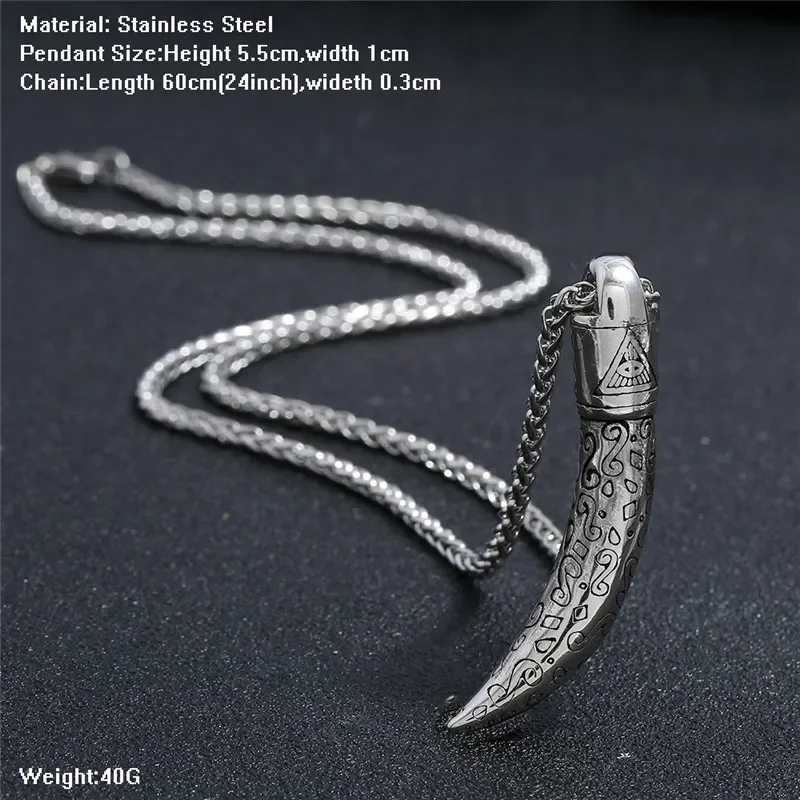 Viking Age Style Damascus Steel Bear's/Wolf's Tooth Triangle Eye Pendant Necklace Black Agate Stone Necklace Stainless Steel
