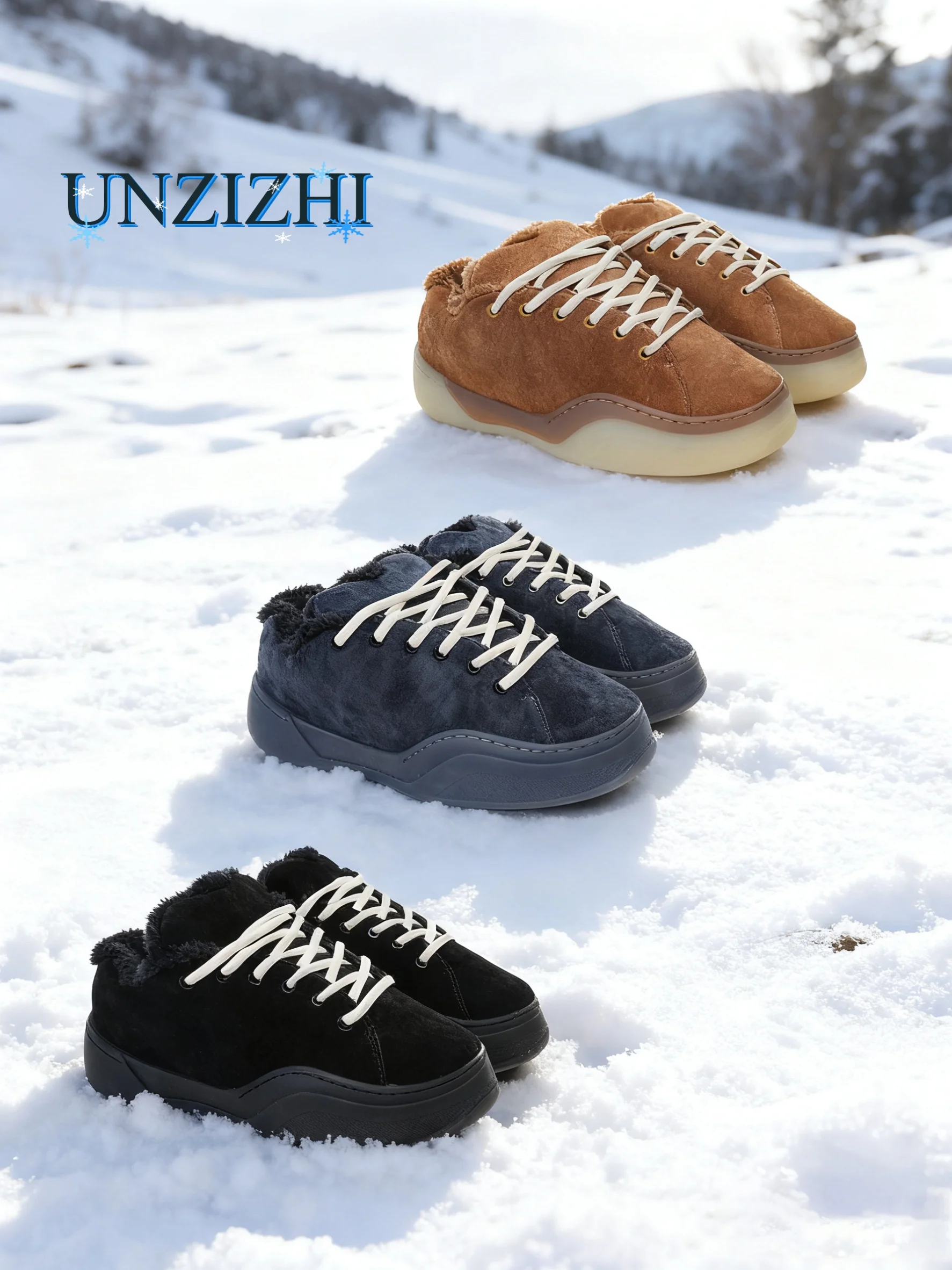 UNZIZHI Couple Cotton Shoes Winter New Outdoor Snow Boots Fleece Warm Anti-slip Casual Bread Shoes Trendy Low Top Lace-Up rou...