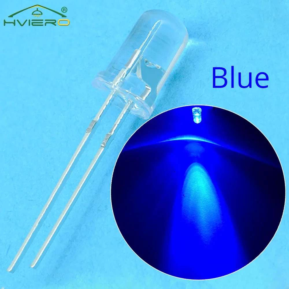 100Pcs 5mm Round Blue Water Clear Led Diode Super Bright LED Bulb Lamping Light Emitting Diodes 3V Direct Insertion Lights Beads