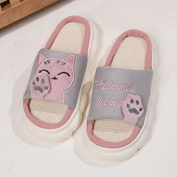Leinen Casual Hausschuhe Frauen Haus Plattform Niedlichen Cartoon Katze Designer Schuhe Mädchen Flache Mode Elegante Schuhe Indoor Große Größe – Detail 17