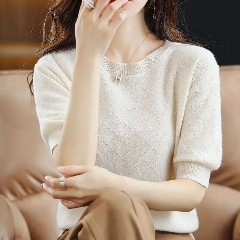 Women's Korean Fashion Simple Sweet Short Sleeve Soft Elegant Knitwear Summer Female Casual Solid Round Neck Slim Pullover Tops