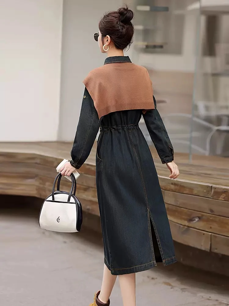 New Women Spring Autumn Casual Shawl Denim Dress Fashion Single Breasted Drawstring Lace-up Dress Vintage High Waist Long Dress