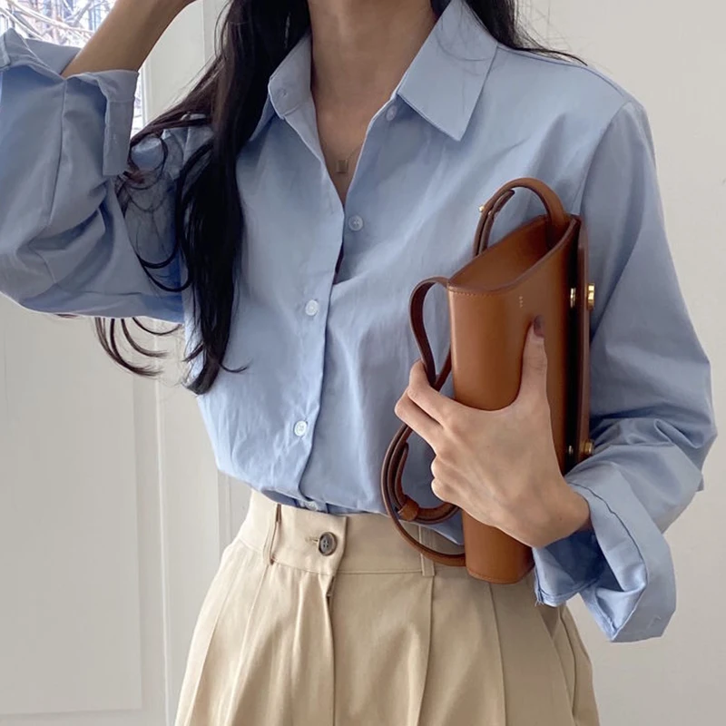 

Chic Spring Basic Sle Candy Color Skin ow Long Sve Casual Loose irt Women's Top Button up Korean Version Straight Cut