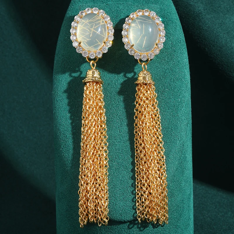 

Vintage Gold Color Opal Earrings Long Tassel Glass Dangle Transparent Luxury Red Crystal Designer Drop Heart Accessories Woman
