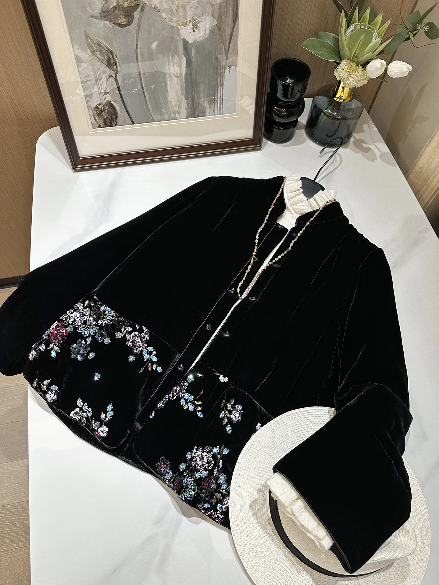

Young Version Unique Cotton Jacket Silk Velvet New Chinese Style Thickened Loose Fit Long Sleeve Stand Collar Single Button