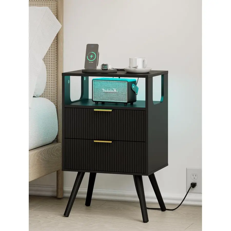 

with Charging Station and LED Lights, Modern Bedside Table with 2 Storage Drawer and Open Wood Shelf for Bedroom and Small Space