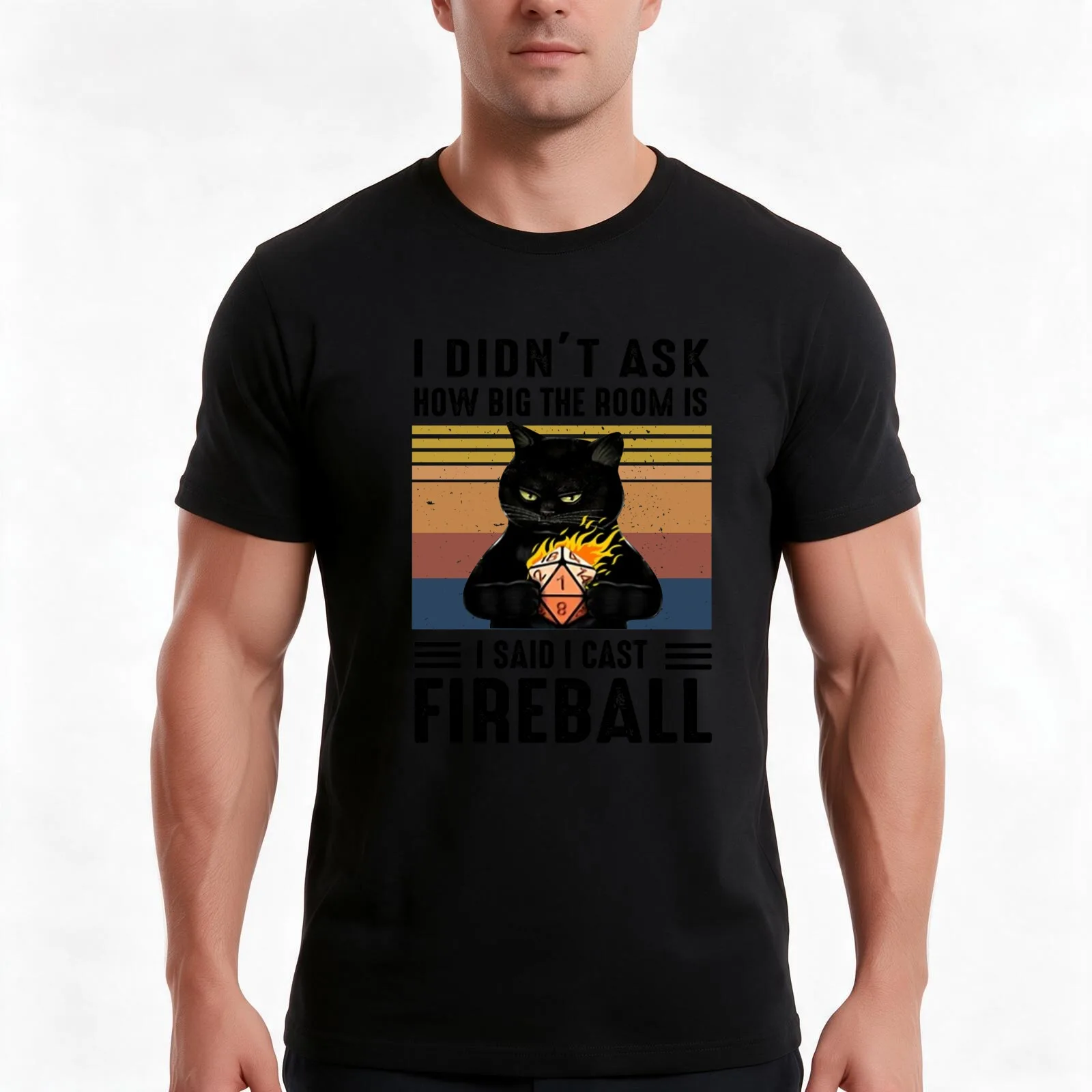 I Said I Cast Fireball Funny Black Cat D20 RPG Gamer T-Shirt, Summer Casual Cotton Tee, Oversized Streetwear Tops, 100% Cotton