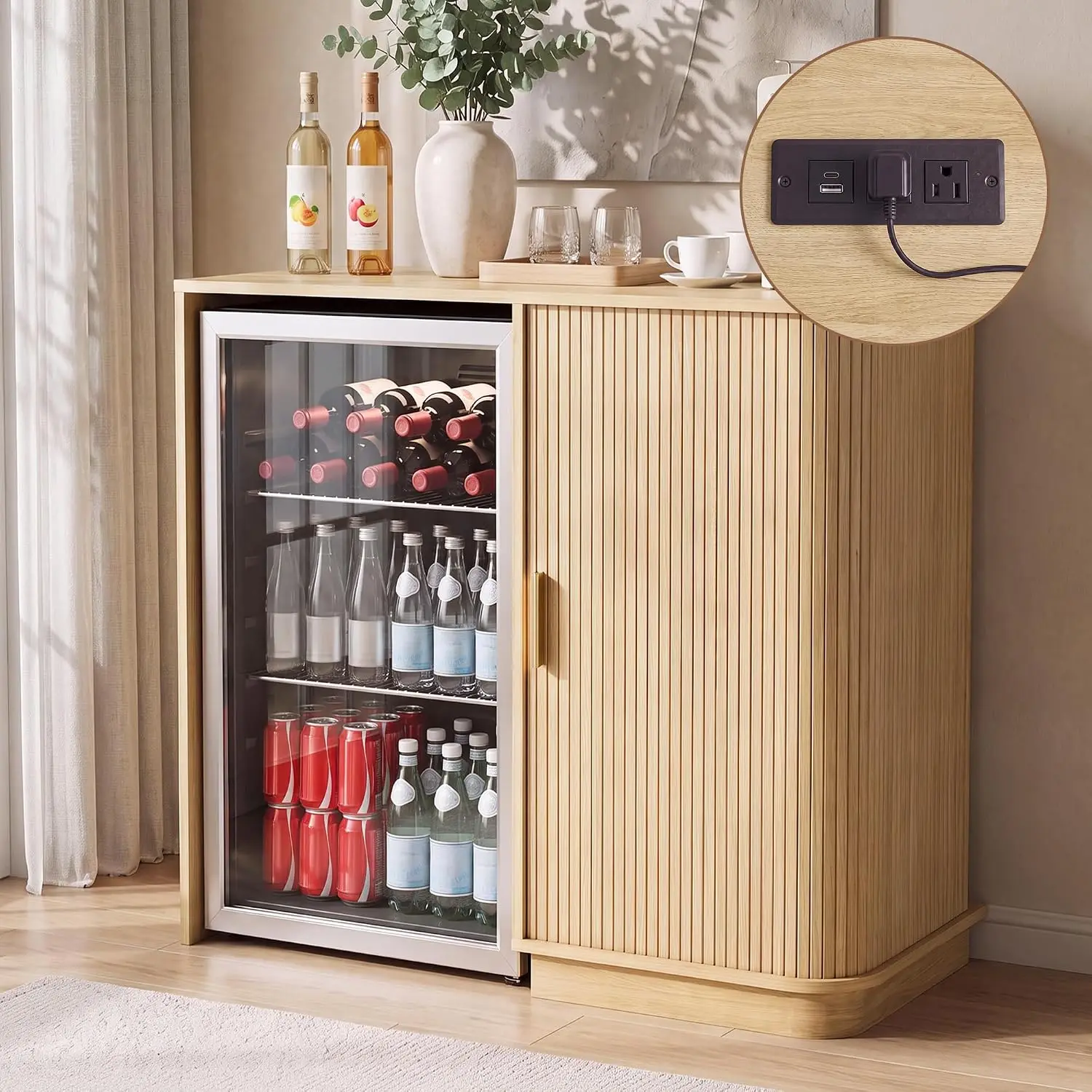 Coffee Bar Cabinet with Mini Fridge Space, Built-in Outlet, Wine Racks, 39