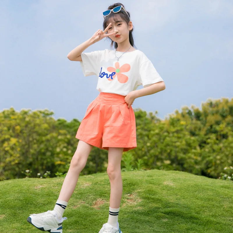 2026 Summer Girls Cotton Stylish Sweet Floral T-Shirt Top+Shorts Pant Set School Kids 2PCS Tracksuit Children Vacation Outfit