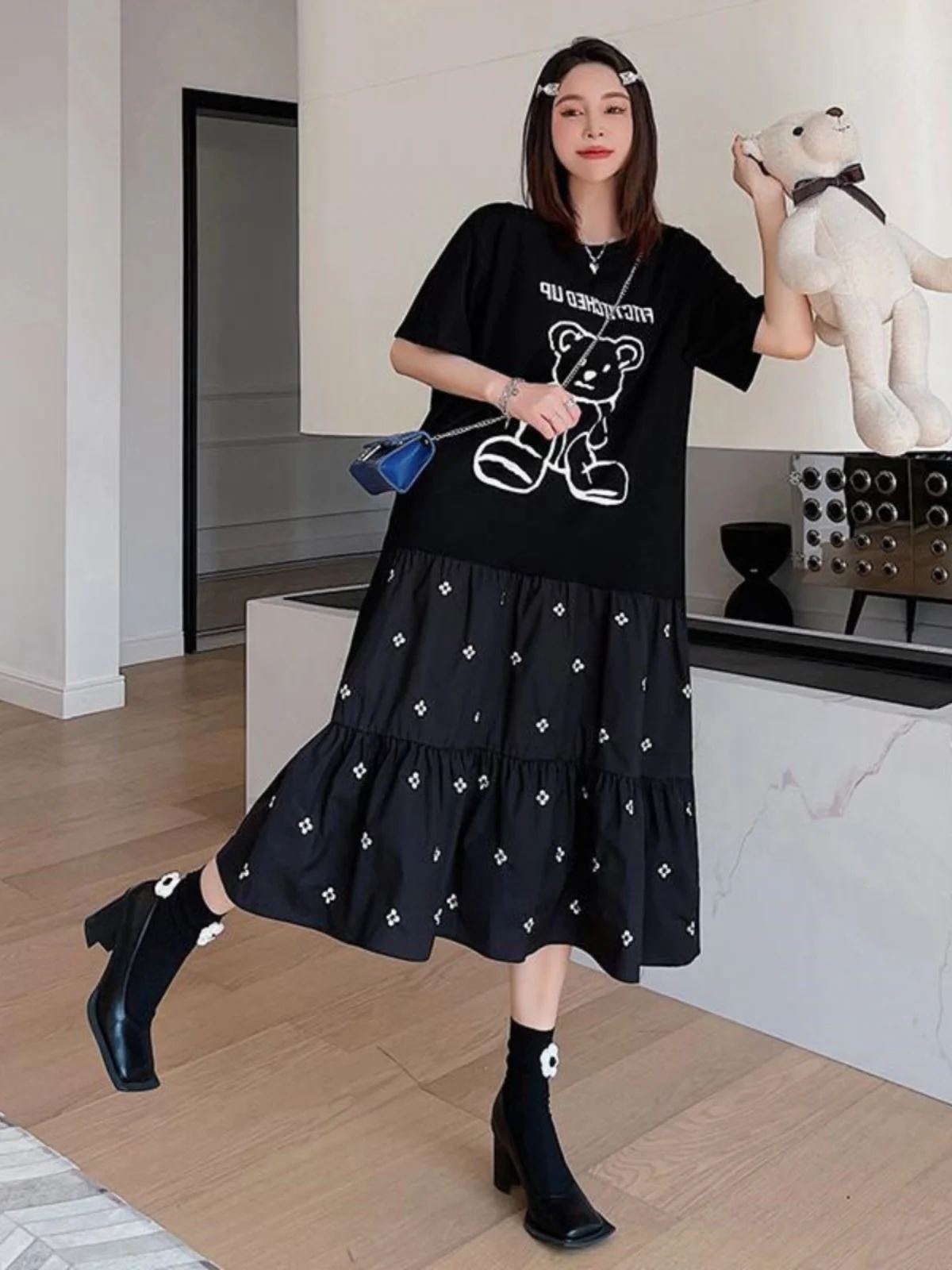 plus Size Casual Thin T-irt Dr Women's ort Sve Loose Waist Cartoon Anime Korean Sle round Ne A-Line Summer Dr