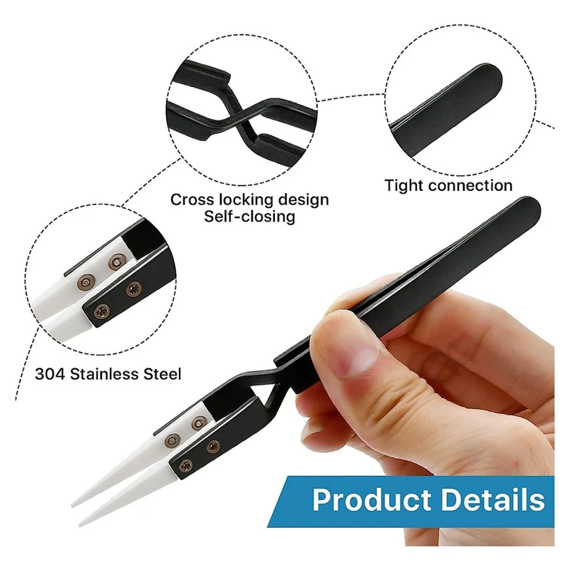 6Pcs Precision Reverse Ceramic Tweezers Set, Resistant Electronics Soldering Tweezers Anti-Magnetic Pointed For Solder