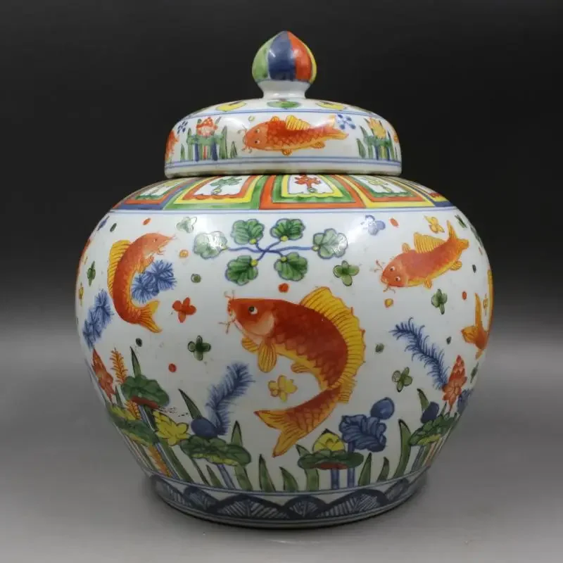 

Ming Jiajing Canister Jar Five-Color Fish Bath Pattern Jar Hand-Painted High Imitation Antique Porcelain Home Decor Interior