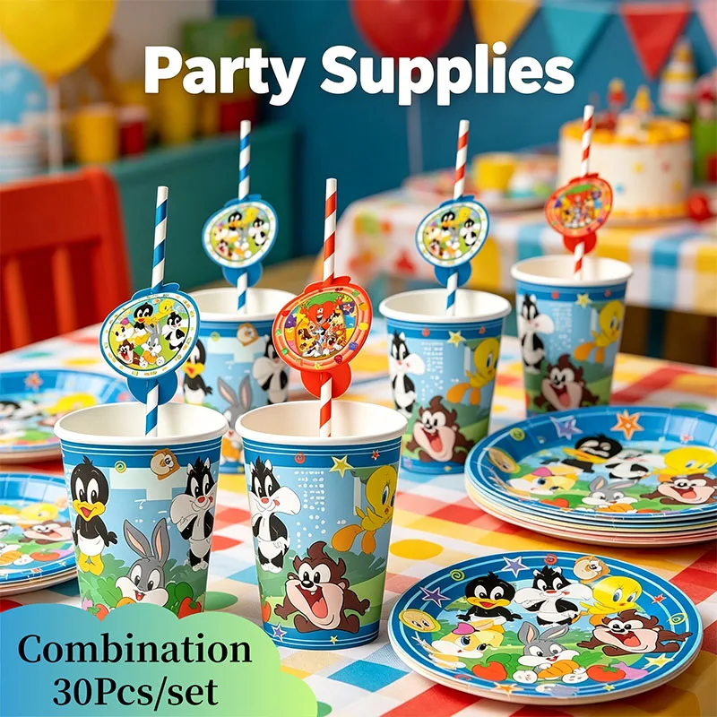 Vasos, Platos y Pajitas de Papel con Diseño de Los Dibujos Animados de Warner Bros, Decoraciones Impresas Combinadas para Fiestas de Cumpleaños y Baby Shower, Suministros para Manualidades
