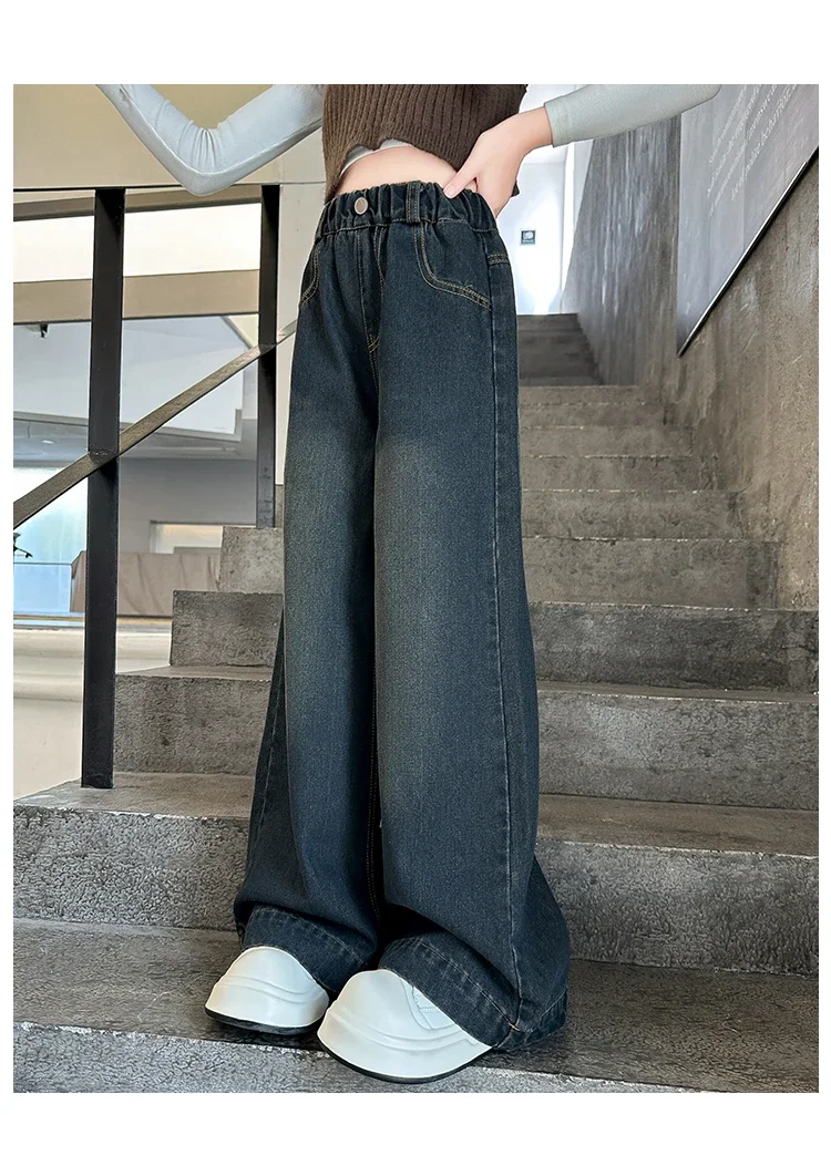 ZOETOPKID Kinder Mode High-Waist Weitbein-Jeans für junge Mädchen Streetwear Lose Denim-Hosen Kinder Dunkelblaue Jeans – Detail 4