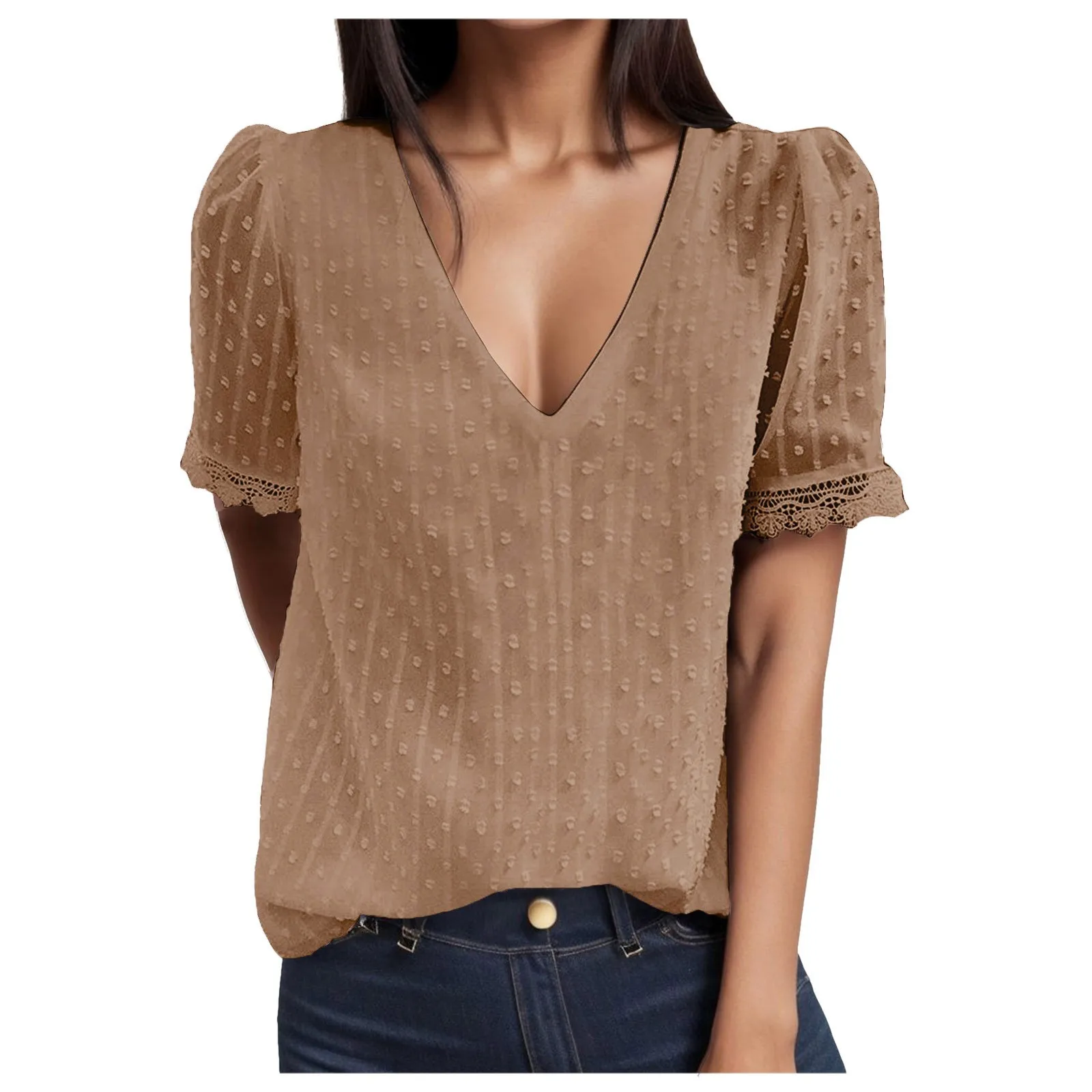 

Summer Women Casual Solid Color Hollow Out Tee Sexy Deep V Neck Ruffle Sleeve Tops Blouses Fashion Urban Style office T Shirts