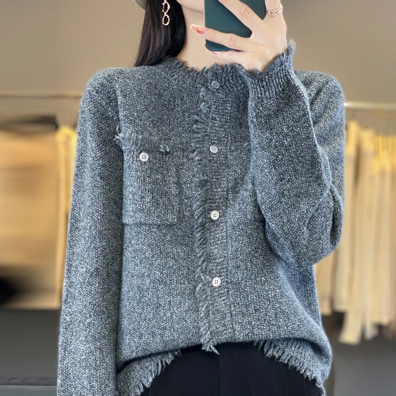 

Хит продаж, женский кардиган из 100% шерсти, модный вязаный женский свитер с длинными рукавами и круглым вырезом на весну и осень