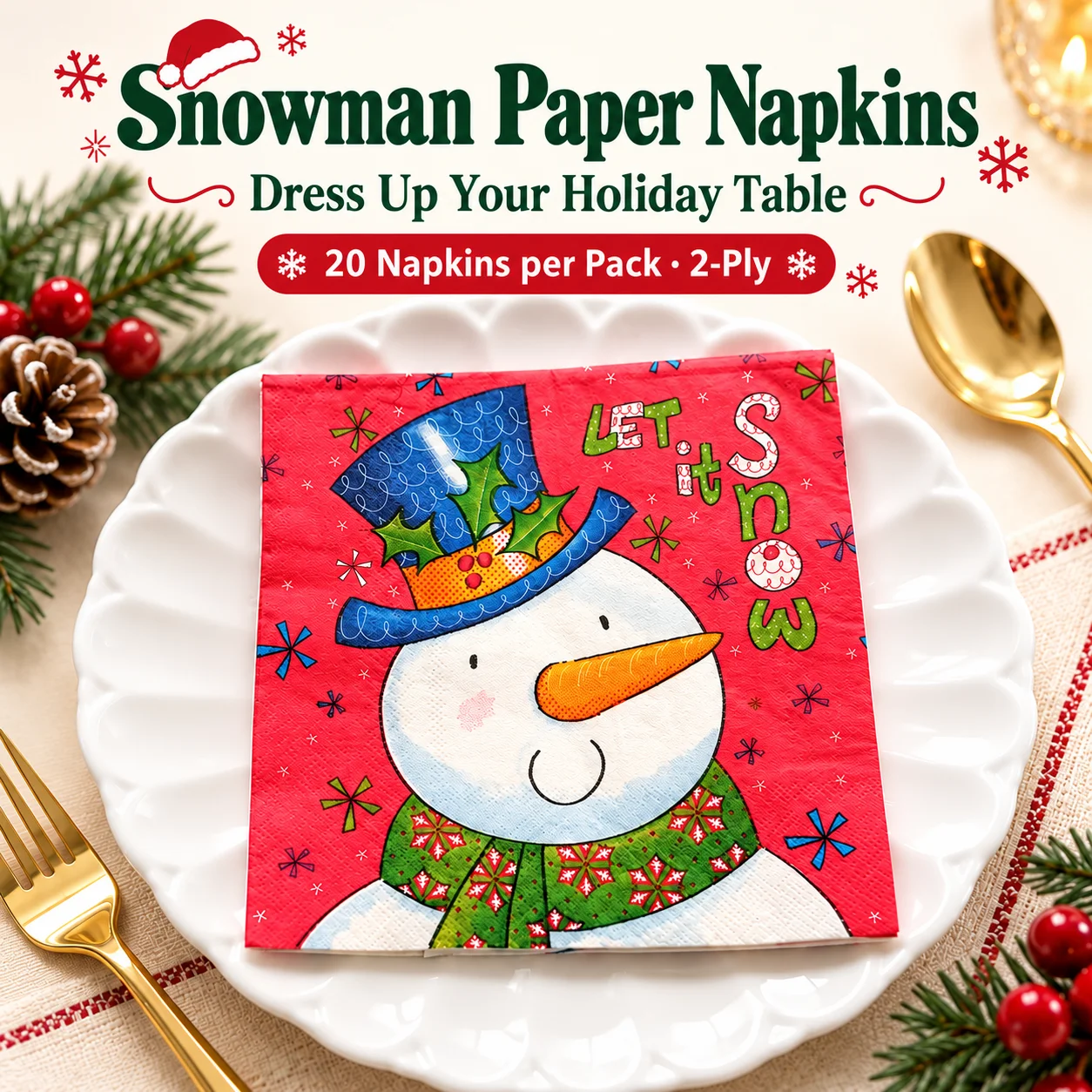 20pcs Christmas Snowman Paper Napkins 2-Ply 33x33cm Red Printed Serviettes for Holiday Party Dinner Table Decor