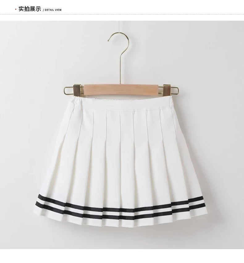 Damen Hochgeschnittener Plissierter Minirock A-Linie Gestreifter Saum Preppy-Stil Sommer Tennis JK Uniform – Detail 7