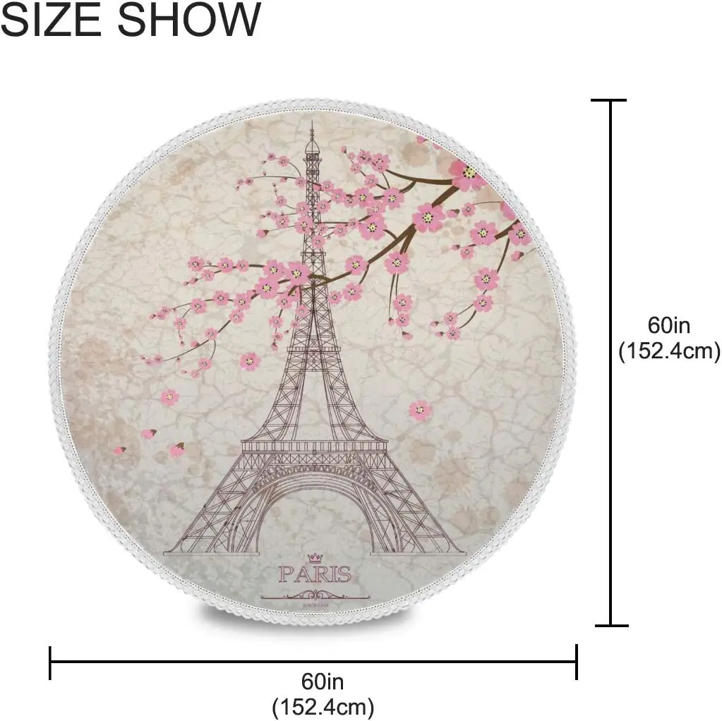 Eiffel Tower Paris Round Tablecloth Romantic Spring Cherry Blossom Table Cloths Cover Washable Polyester Tabletop Runner Decor