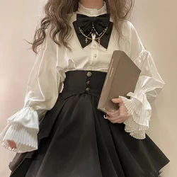 Jupes Lolita gothiques victoriennes japonaises pour femmes, ensemble 2 pièces, chemise vintage à manches lanterne, jupons d'orgue, jupe plissée ceinturée