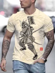 Mens Graphic Novelty Crew Neck Short Sleeve T-Shirt - Vibrant Anime Dragon Samurai All Over Print Polyester Fabric Casual Summer