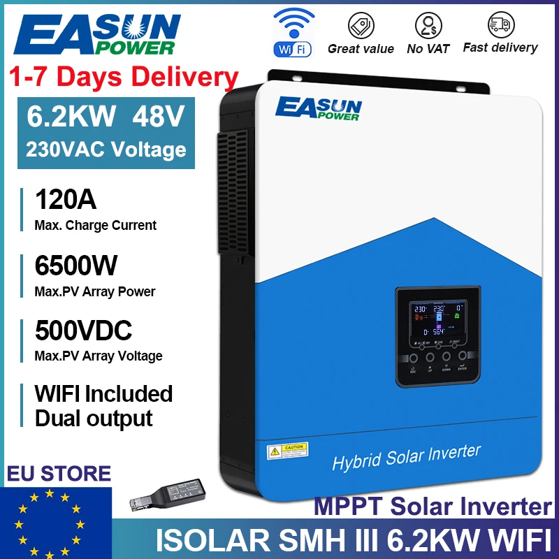 EASUN 6.2KW 4.2KW 3.2KW 2.2KW Hybrid Solar Inverter 48V 24V 12V 230VAC 120A MPPT Solar Battery Charger Pure Sine Wave Off Grid Inverter With WIFI Supports BMS EU STOCK