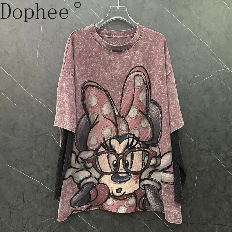 2025 New Spring Fashion Faux Two-piece Long Sleeve T-shirt All-match Mid-long O-neck Pullover Top Mid-long Women Casual Tees