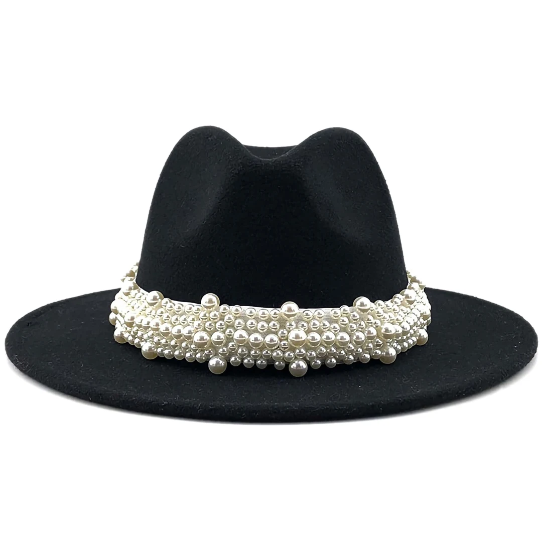 Fedora hoeden voor dames Wolvilt panamahoed met parelband Brede rand Vilten hoed Klassieke trilby jazzhoed Kerkhoeden Dames Elegant