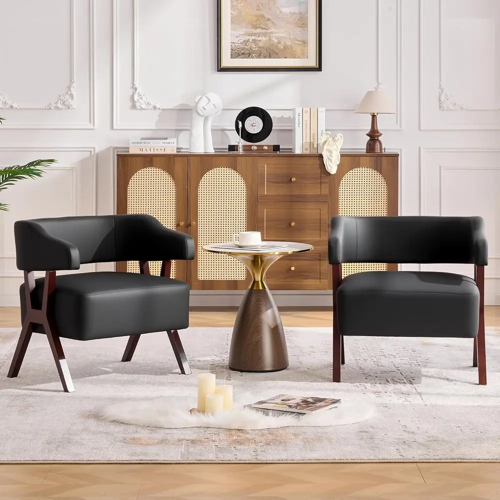 

Mid-Century Modern Black Leather Accent Chair with Solid Wood and Wraparound Back for Comfortable Reading in Living Room or Bedr