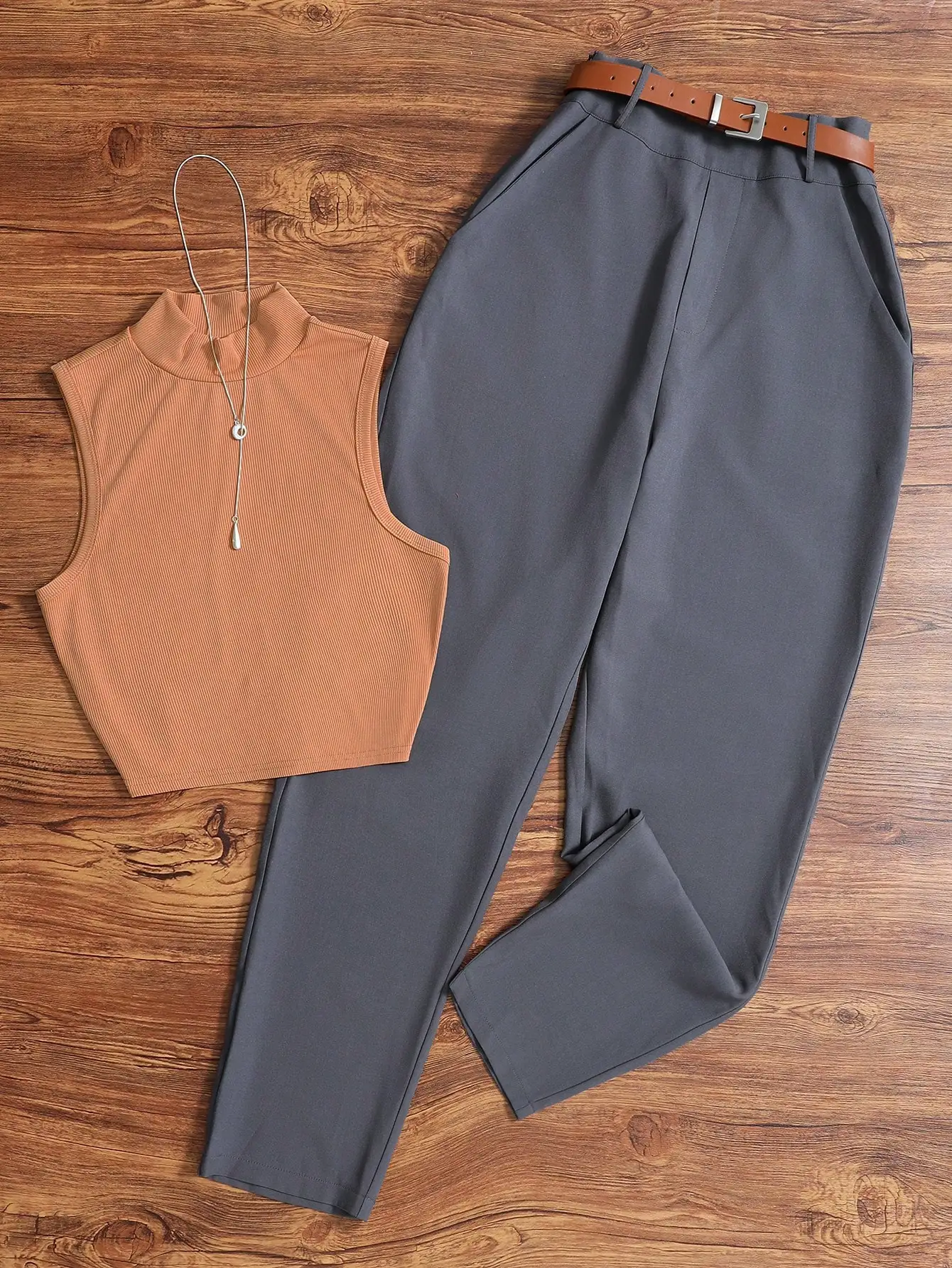 

Women Solid Color Casual High Neck Sleeveless Vest And Pants Set Spring Summer