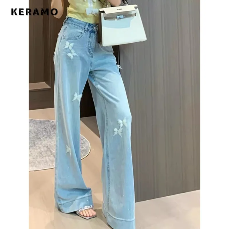 

2025 Summer Sweet Elegant Style Harajuku Jeans Women's Casual Mop Full Length Pants Y2K Butterfly Appliques Denim Trouser