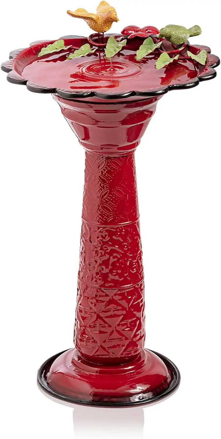 

28" Tall Outdoor Metal Birdbath with Birds and Leaves, Red Garden Statue Decoration for Patio, Deck or Yard